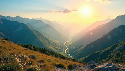 Wall Mural - A sun-drenched vista from a mountaintop overlooking a sprawling valley, evoking a sense of freedom and joyful exploration Perfect for travel blogs and tourism websites , exploration, calm