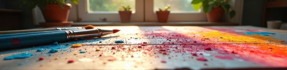 Wall Mural - a vibrant paint splattered canvas, brushes strewn across a wooden table, radiating passion and creat