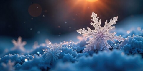 Wall Mural - close-up of delicate snowflakes illuminated by soft, warm light; intricate ice crystals sparkle and 
