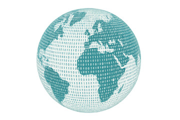 digital globe spinning, binary data streams symbolizing worldwide network connectivity, transparent 