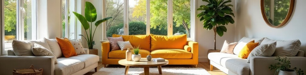 Wall Mural - Cozy and bright living room interior design with comfortable furniture and natural light streaming through large windows, creating a relaxed and inviting atmosphere , stylish, minimalist, armchair