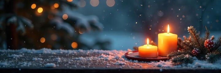 Wall Mural - Cozy winter scene with flickering candlelight illuminating snow-covered branches and a rustic wooden table Perfect for holiday or winter themes , home, texture