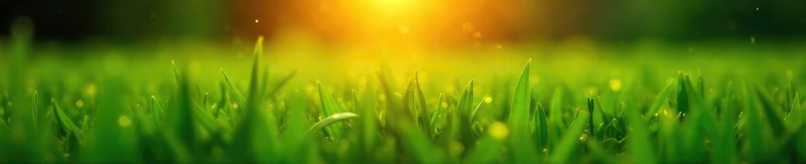 Wall Mural - Golden hour sunlight bathes a lush green field dotted with shimmering water droplets after a refreshing rain shower Perfect for nature, agriculture, and environmental themes , wet, golden hour, scene