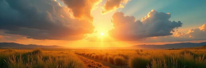 Wall Mural - Golden sun rays piercing through the clouds, illuminating a vibrant, sun-drenched landscape A breathtaking view of nature's radiant power , sunburst, natural light, sky