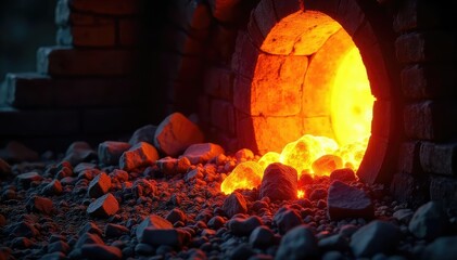 Wall Mural - intense heat radiating from a fiery furnace, glowing embers and molten metal casting dramatic shadow