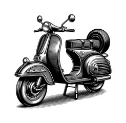 Wall Mural - retro style scooter with spare tire in detailed black and white engraving line art