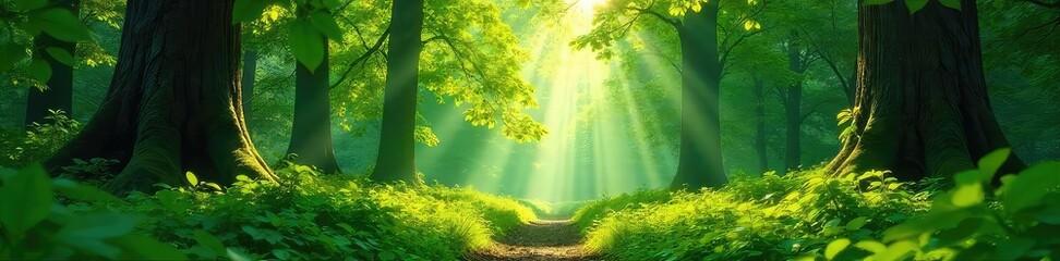 Canvas Print - lush green forest scene, dappled sunlight filtering through leaves, creating a serene and tranquil a