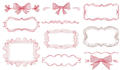 Wall Mural - doodle hand drawn frames with wavy lines bows and ribbons minimalist line art vintage whimsical bord