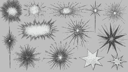 Wall Mural - Doodle line sparkle vector set, hand drawn shining stars, comic burst elements, and decorative glowing sparkling star highlight. Cartoon explosion, dynamic light flash, twinkle star, firework effect  