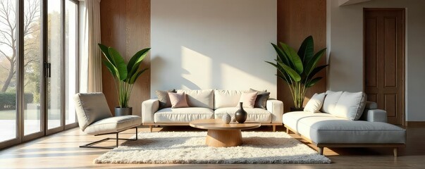 Wall Mural - stylish living room interior with elegant furniture, plush rug, and natural light streaming through 