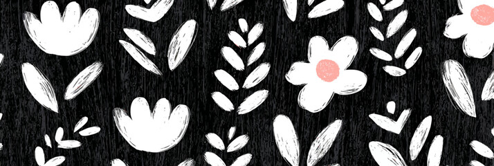 Wall Mural - hand drawn flower brush seamless pattern with abstract floral paint and sketch leaf design on chalkb