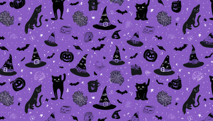 Wall Mural - halloween seamless pattern vector with witch hat, pumpkin, bat, cat, and raven magical holiday eleme