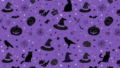 Wall Mural - halloween seamless pattern vector with witch hat, pumpkin, bat, cat, and raven magical holiday eleme