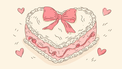 Wall Mural - hand drawn coquette vintage heart cake � delicate bows and ribbons illustration for valentine�s day,