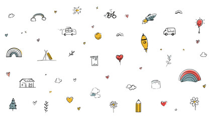 Wall Mural - hand drawn cute kid icon set � sketch style doodle elements with rainbow, car, rocket, and flower ve