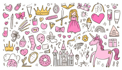 Wall Mural - hand drawn princess doodle set � cute girl, fairy unicorn, castle accessories vector illustration