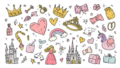Wall Mural - hand drawn princess doodle set � cute girl, fairy unicorn, castle accessories vector illustration