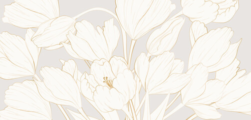 Wall Mural - luxury light art background with a bouquet of flowers in a golden line art style. botanical flower b