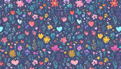Wall Mural - seamless floral pattern with spring summer flowers and hearts on blue background � romantic fabric a