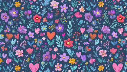 Wall Mural - seamless floral pattern with spring summer flowers and hearts on blue background � romantic fabric a