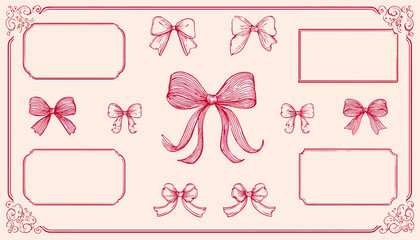 Wall Mural - minimal linear hand-drawn vector illustration � abstract decorative frames with bows and ribbons for
