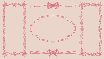 Wall Mural - minimal linear hand-drawn vector illustration � abstract decorative frames with bows and ribbons for