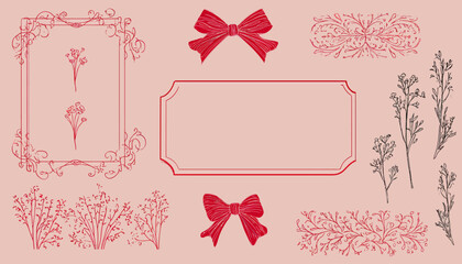 Wall Mural - minimal linear hand-drawn vector illustration � abstract decorative frames with bows and ribbons for