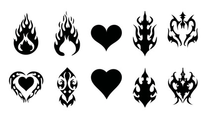 Wall Mural - vector design set of flames and fire with acid neo tribal shapes, y2k elements, abstract gothic illu