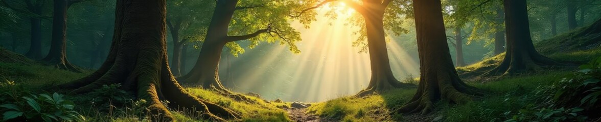 Canvas Print - sunlight dappling through ancient trees in a remote, untouched forest wilderness discover the serene