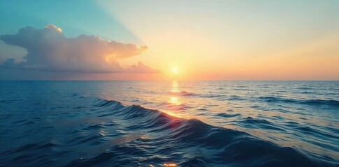 Wall Mural - Vast, serene ocean meeting a clear sky at the horizon Peaceful and calming seascape, perfect for travel or nature themes Golden hour light adds warmth , sea, view