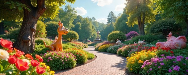 Wall Mural - Vibrant floral displays and whimsical sculptures adorn a beautifully landscaped park, creating a magical atmosphere perfect for relaxation and enjoyment , scenery, environment