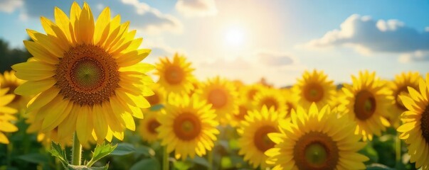 Wall Mural - Vibrant sunflowers bask in the warm glow of summer sunshine, their golden petals reaching towards the sky A joyful scene of nature's beauty and radiant energy , sun, energy