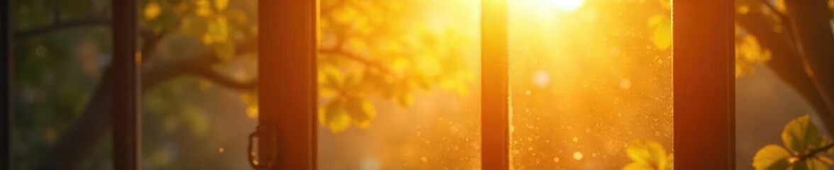 Wall Mural - Warm sunlight streams through a bright windowpane, illuminating dust motes dancing in the golden rays Perfect for home, warmth, comfort, and spring themes , cheerful, house, happy