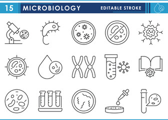 a set of line icons related to microbiology. biology, micro, organisms, virus, bacteria, lab, and so