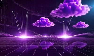 Wall Mural - digital landscape featuring purple clouds and glowing light beams over a grid surface, creating a fu