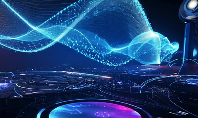 Wall Mural - futuristic digital landscape with glowing waves and a high-tech device in a vibrant city setting