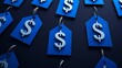 © Andi - Blue price tags with dollar signs hanging on dark background.