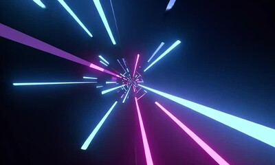 Wall Mural - abstract tunnel of vibrant blue and pink light beams converging in a dark space, suggesting motion