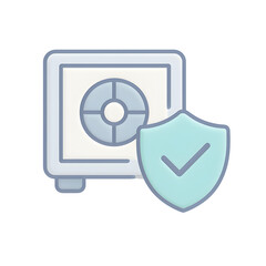 Aufkleber - A digital safe and shield icon representing the security and protection of financial assets, data, and investments through comprehensive insurance and banking services.