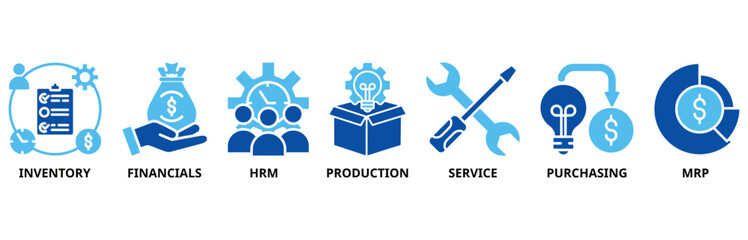 ERP icon set illustration contain inventory, financials, hrm, production, service, purchasing and mrp.