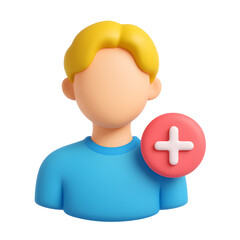 Fototapete - A 3D rendered, minimalist user profile avatar icon in blue, with a red circular button depicting a plus sign, representing adding or interacting on a social media or digital platform.