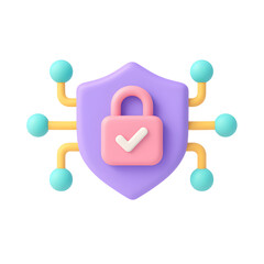 Fototapete - Stylized 3D rendering of a colorful digital shield with a lock icon, symbolizing online security and privacy protection.