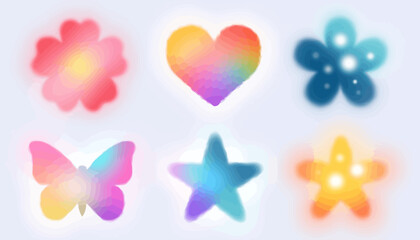 Wall Mural - y2k style blurred gradient shapes vector set with flower, heart, butterfly, star, and aura minimalis