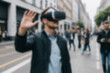 © Adi - In public, blurry photo of a man using VR headset on public street, exploring virtual reality. Technology, metaverse, learning, innovation, interactive, blurry wallpaper.