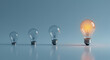 © abu - Illuminated Light Bulb Among Unlit Bulbs On Muted Blue Background Representing Innovation And Solution In Business