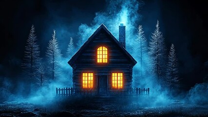 Wall Mural - eerie illuminated cabin in a misty forest at night