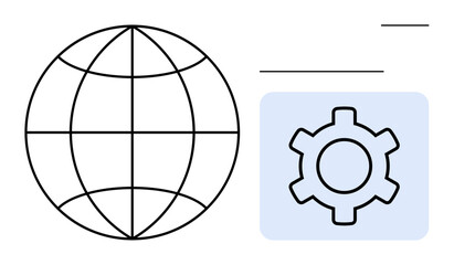 Globe with latitude and longitude lines next to a gear within a blue square. Ideal for technology, networking, global reach, digital solutions, software setup, communication, simple landing page