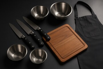 Still life of kitchen tools including knives bowls board and an apron