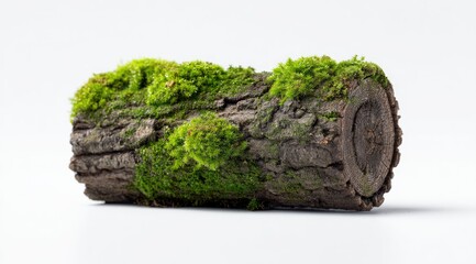 A short, mossy log rests on a stark white background, showcasing its textured bark and vibrant green moss patches