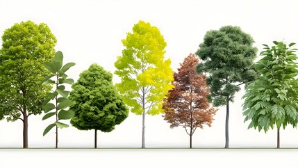 A diverse collection of deciduous tree species arranged in a botanical lineup.